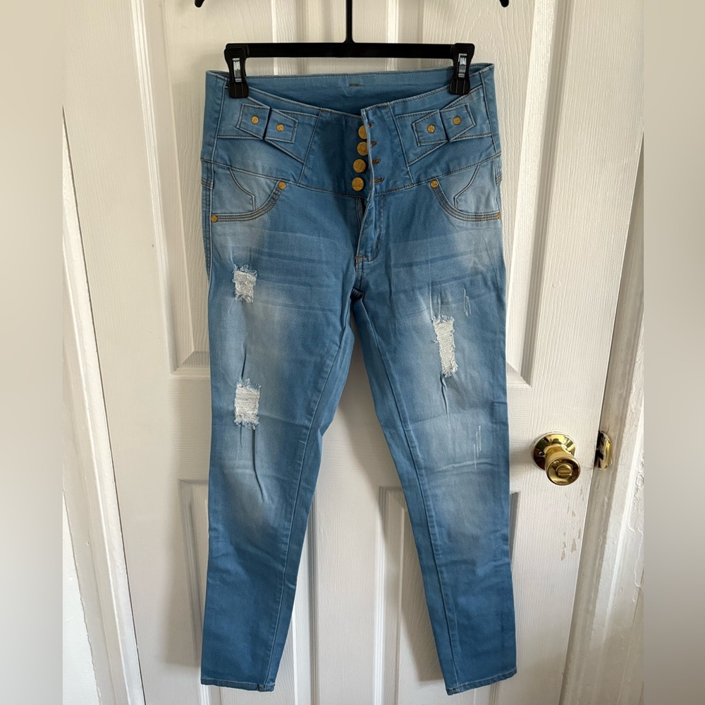 High Rise Blue Distressed Jeans